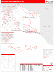 Santa Barbara-Santa Maria-Lompoc Metro Area Wall Map Red Line Style 2024